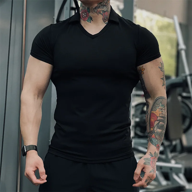 

Summer Quick Dry Stretch Fashion T-shirt Men Lapel Black White Casual T Shirt Sport Fitness Tees Male Short Sleeve Tops Clothing