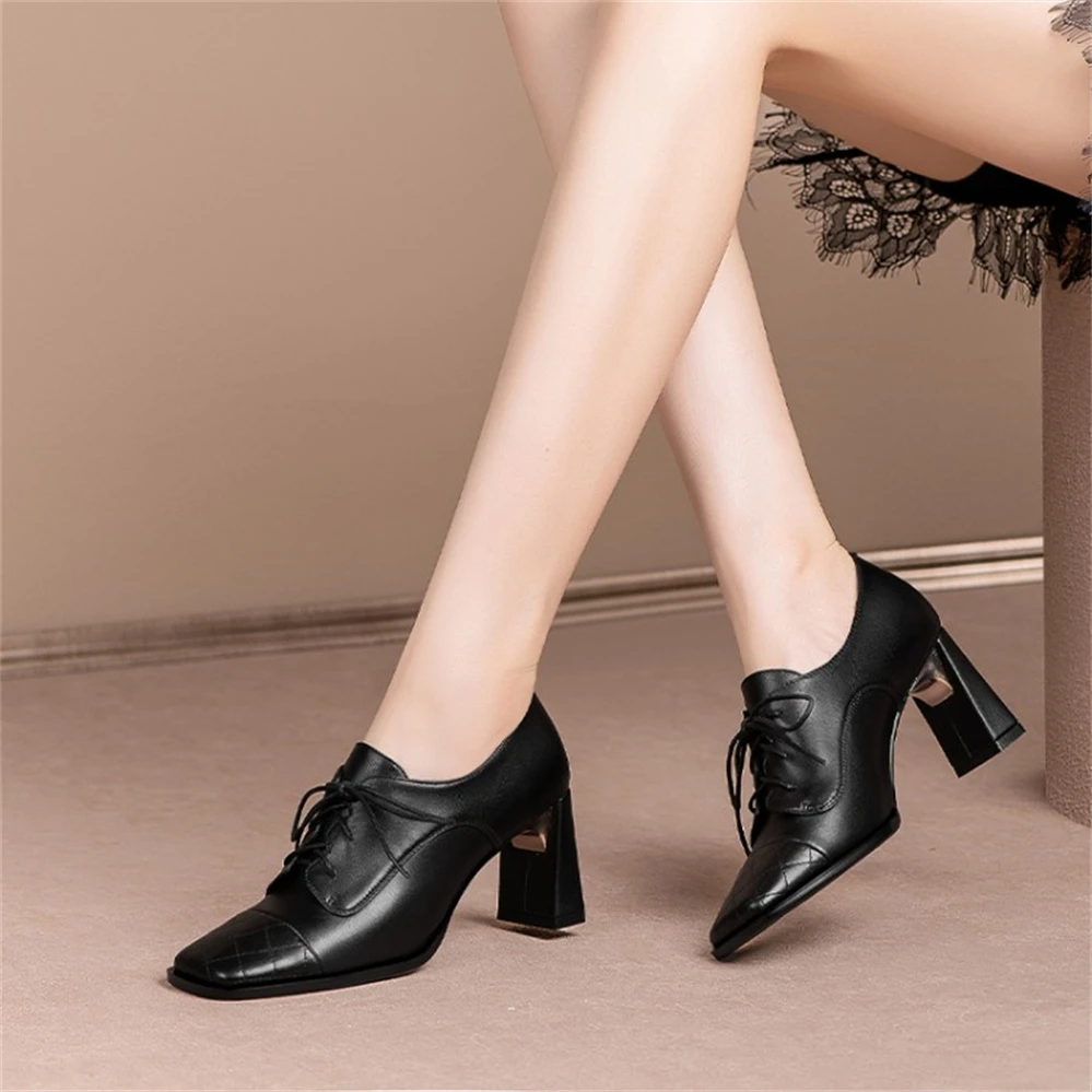

British style small leather shoes, women's Retro square toe high heels, autumn leather deep mouth lace up, thick heels