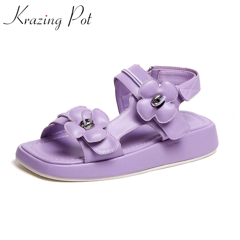 

Krazing Pot New Arrival Summer Shoes Microfiber Peep Toe Thick Bottom Flower Decoration Korean Style Elegant Women Sandals L60