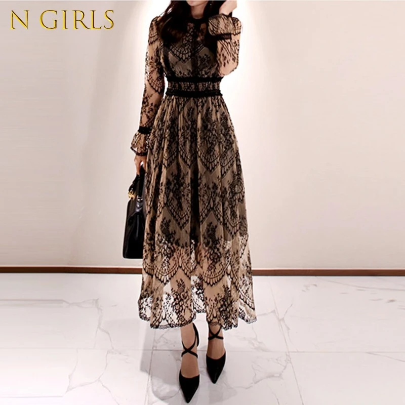 

N GIRLS High Quality 2022 Spring Sexy Long Elegant Dress Slim Patchwork Long Sleeved O-Neck Hollow Out Lace Dress Vestidos