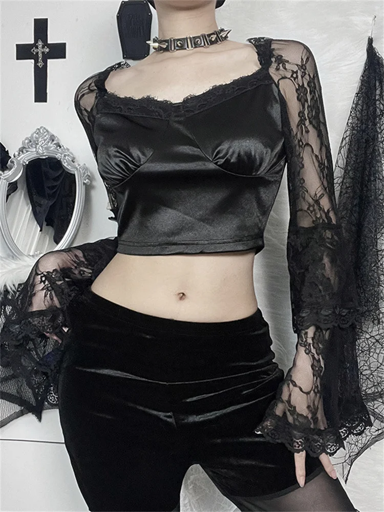 

Женский короткий топ с кружевом, готический винтажный топ с рукавами-фонариками, сексуальная облегающая футболка в темном стиле, новинка 2022