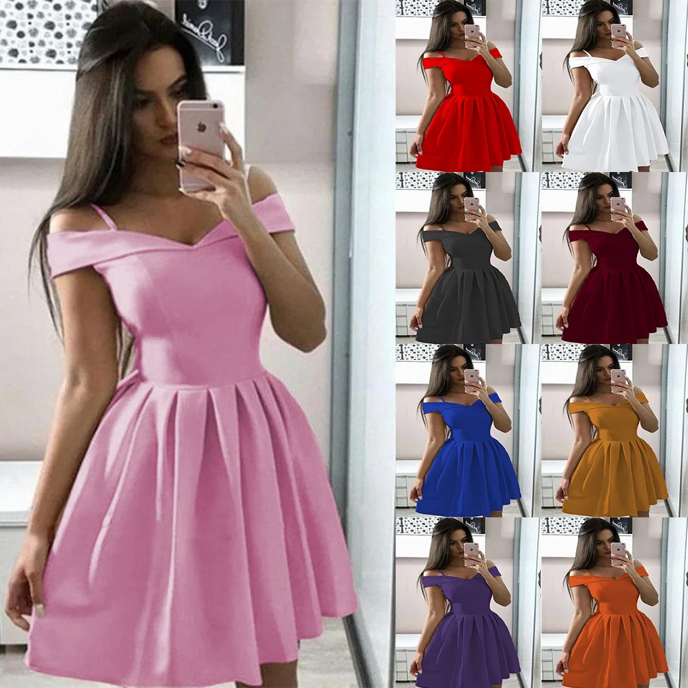 

2023 women's new word-neck sling tube top swing waist pleated dress explosion skirt