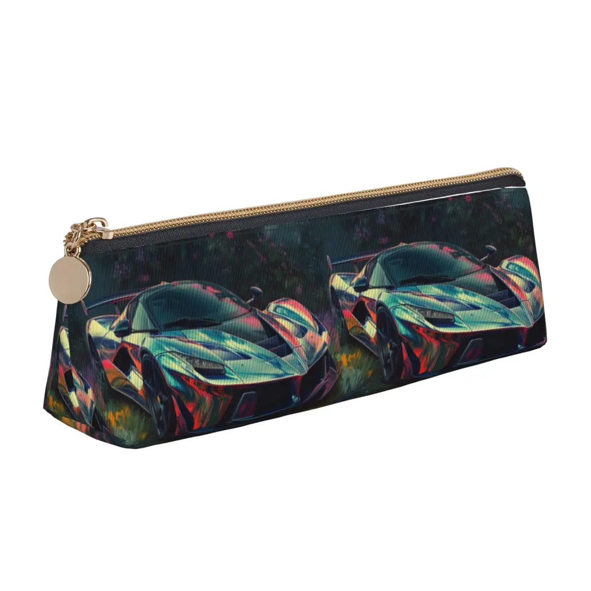 

,Passionate Sports Car Leather Pencil Case Colorful Painting Neon School Girls Boys Pencil Box Kawaii Print Triangle Pen Pouch