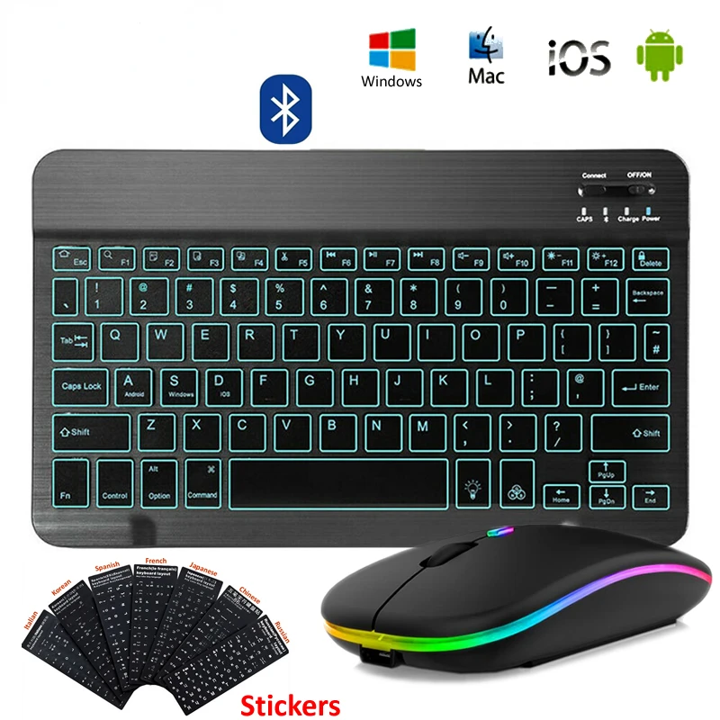 

RGB Bluetooth Keyboard And Mouse Set Russian Spainish Wireless Keyboard Mouse Combo Rechargeable RGB Mouse for ipad Laptop