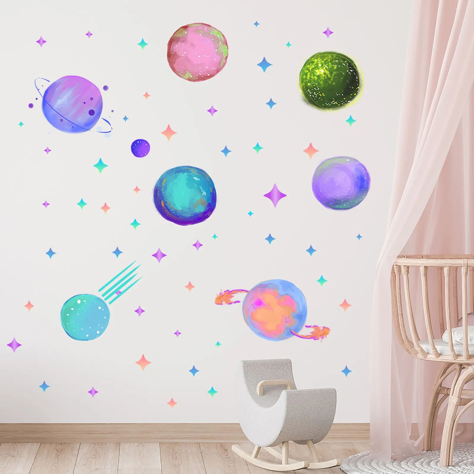 

Space Planet Wall Decals Boy Room Wall Pink And Purple Stickers for Girls Wall Decals Peel And Stick Silver Decor for Bedroom