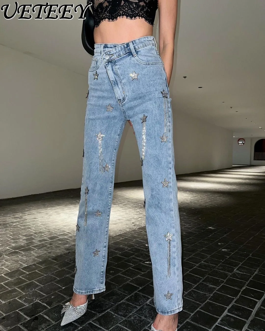 

Shiny Five-Pointed Star Bright Tassel Straight Jeans Women's High Street Irregular High Waist Wide Denim Pants Mopping Pantalons