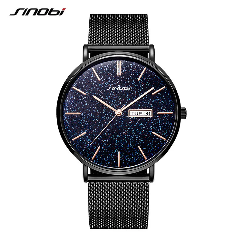 

Watch SINOBI Fashion Colorful Men's Universe Sky Calender Week Women Quartz Wristwatches Mesh Stainless Steel Couple Watch Reloj