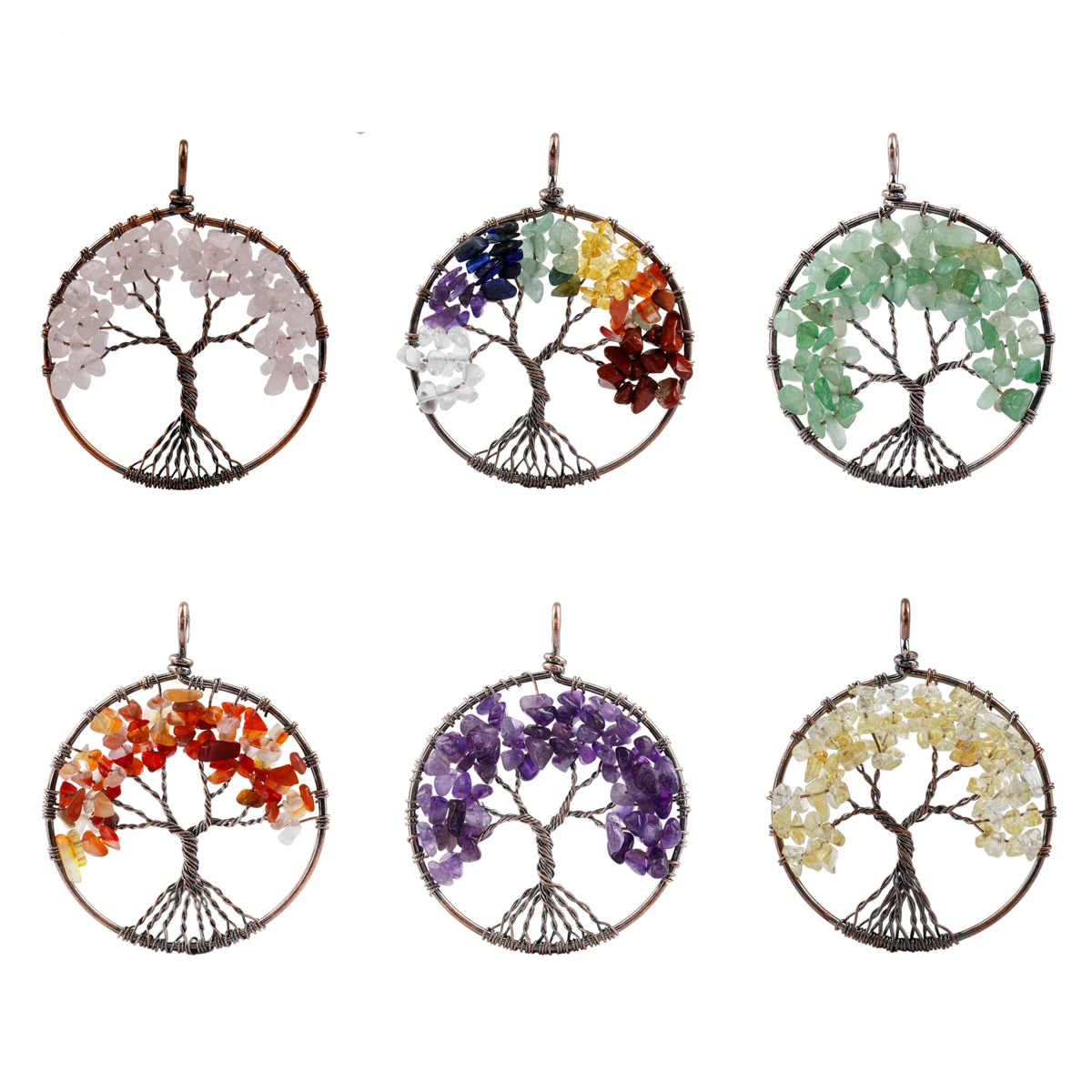 

SUNYIK Natural Tumbled Crystal Stone Healing Pendant Handmade Bronze Wire Wrapped Tree of Life Shape Chakra Jewelry (Free Chain)