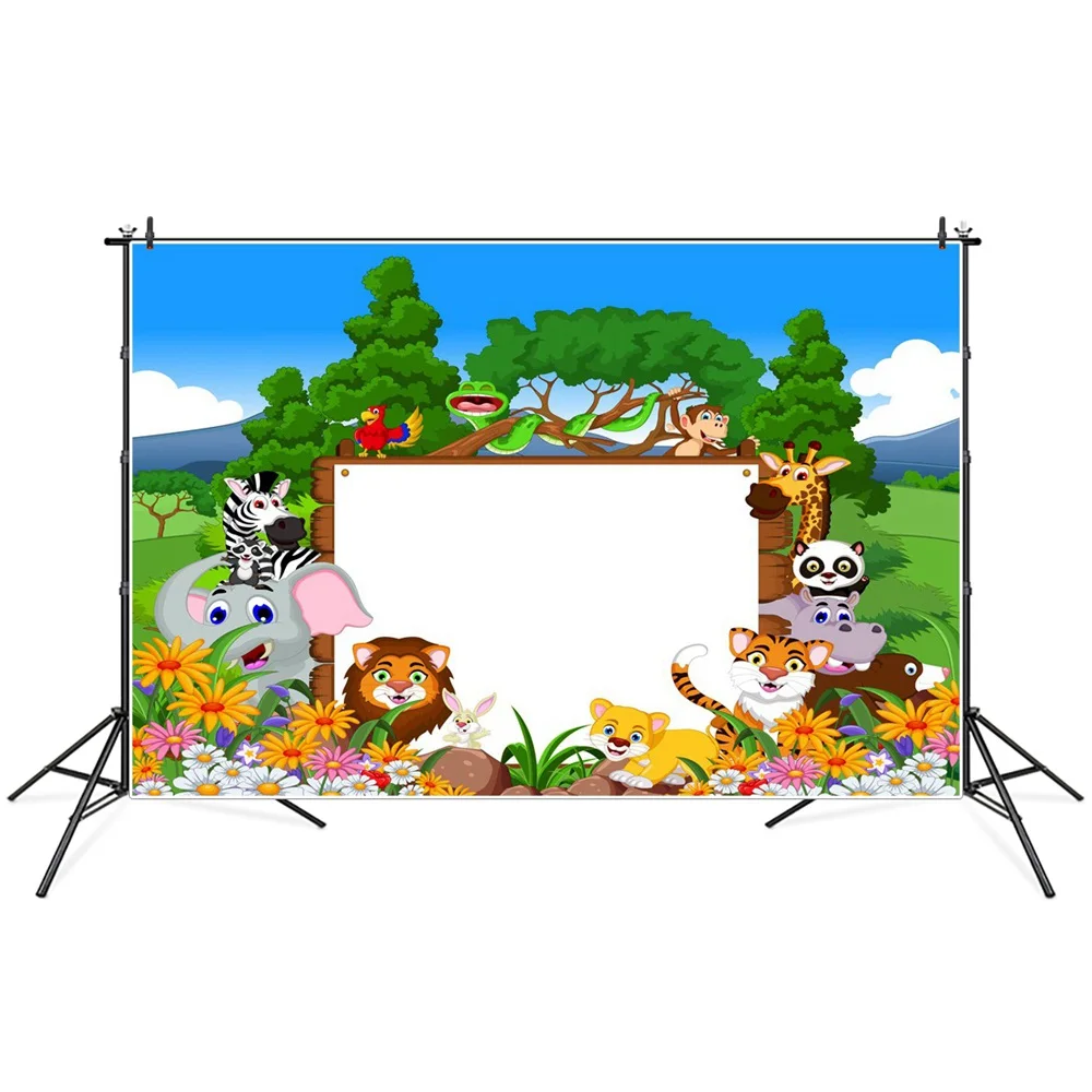 

Jungle Safari Party Baby Birthday Decoration Photography Backgrounds Zoo Animals Flowers Blank Banner Photo Studio Backdrops