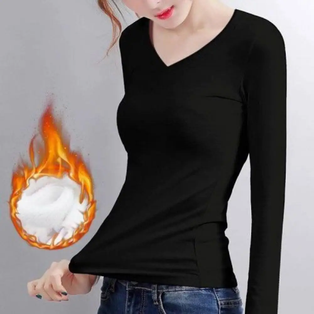 

V Neck Long Sleeves Slim Fit Bottoming Blouse Autumn Winter Thickened Fleece Lining Pure Color Thermal Top Daily Clothing