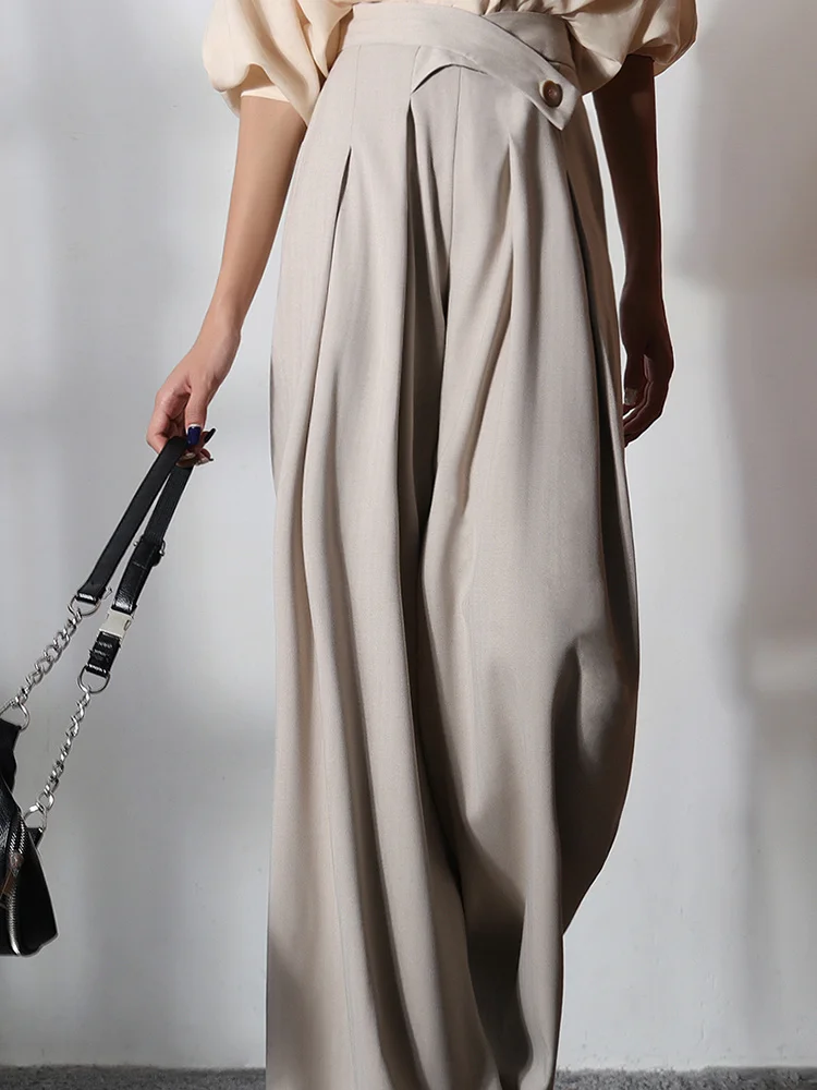 

2022 Summer New Drooping High Waist Beige Cross Design Wide Leg Pants Office Lady Casual Beige Color Trousers B977