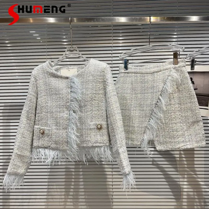 

Fall 2022 New fashion Classic Style Ostrich Fur Tweed Short Coat women's elegant office lady above knee Skirt two-piece Suit
