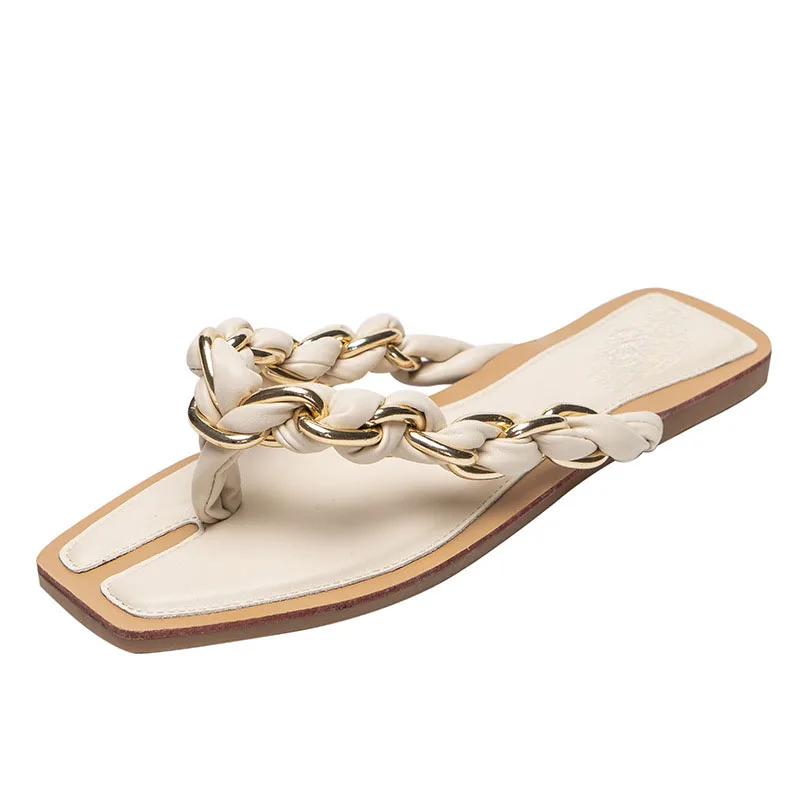 

2022 summer Solid color flip flops new chain grass woven herringbone clip outside wear flat bottom women's sandals