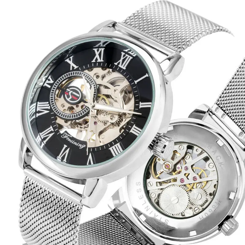 

Forsining Stainless Steel Mesh Strap Black Dial Roman Number Skeleton Mechanical Watch Hand-Winding New Luxury Brand