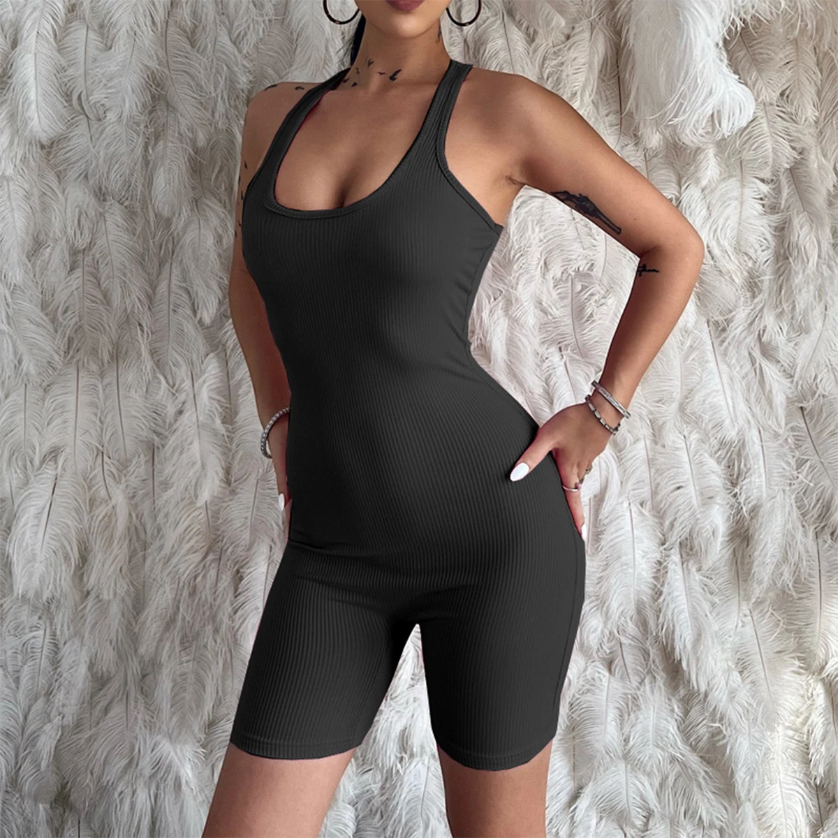 

2022 Spring and Summer New Knitted Solid Color High Waist Tight Sports Yoga Jumpsuit Women's Sleeveless U-neck Streetwear Bodysu