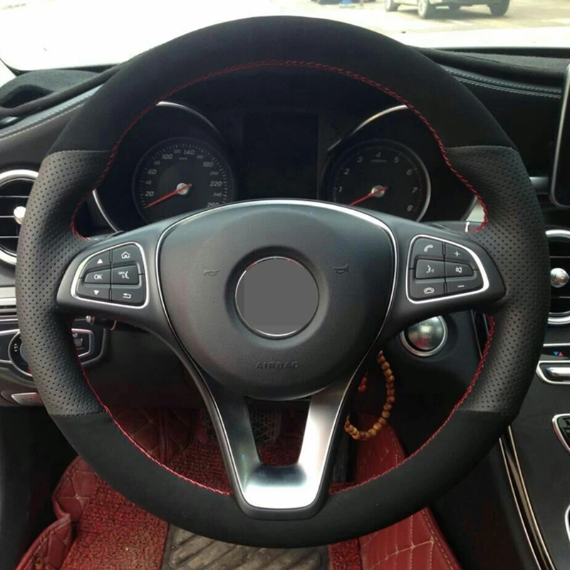 

Hand-stitched Black Suede Genuine Leather Car Steering Wheel Cover For Mercedes-Benz C180 C200 W205 C300 B200