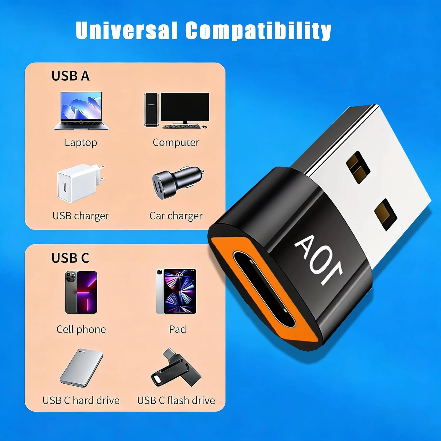 Высокоскоростной USB 3.0 OTG-конвертер Type-C в USB-A, адаптер для зарядки 10A, аксессуар для MacBook, iPad, Huawei, Xiaomi, ноутбуков и телефонов (art.: 3920dc3d29fa4) - 3920dc3d29fa4