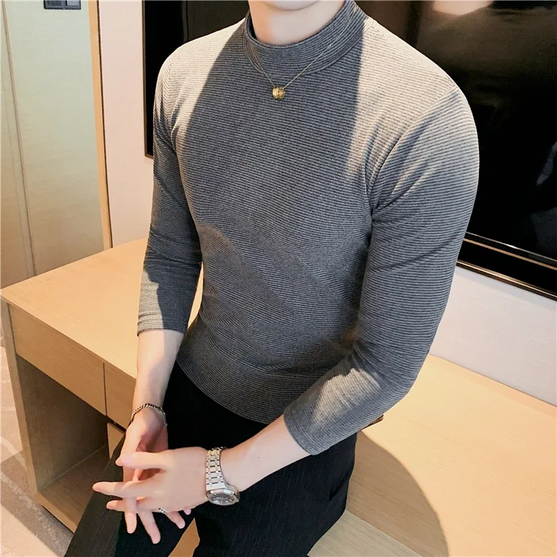 

Men Pinstripe T-Shirt 2022 Best Seller Half Turtleneck Solid Color Casual Fashion Long Sleeve Stretch Slim T-Shirt Mens Clothing