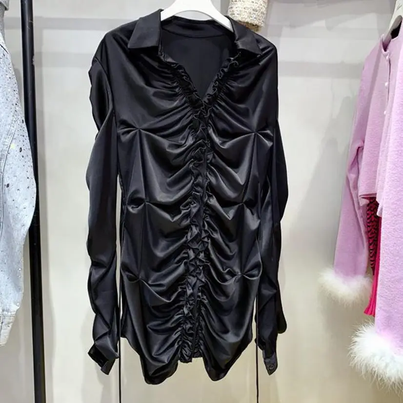 

Женская блузка с длинным рукавом, винтажная свободная черная ацетатная атласная блузка во французском стиле, Y3703, весна 2023