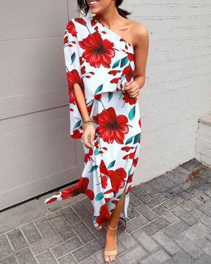 

2022 Summer Sexy Sloping Shoulder Single Sleeve Dresses For Women Fashion Floral Printed Pullover Irregular Split Maxi Dress