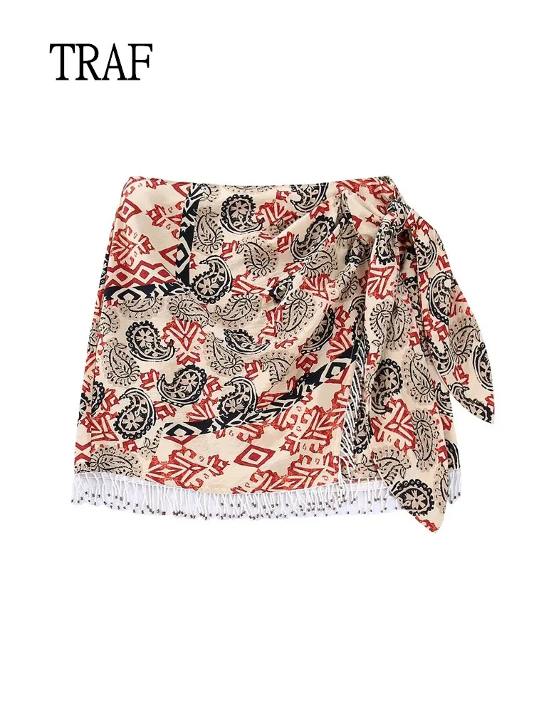 

TRAF Short Skirt Women Summer Y2K Fashion Beaded High Waist Asymmetric Mini Ruched Skirts Woman Vintage Bow Tie Casual Skirt
