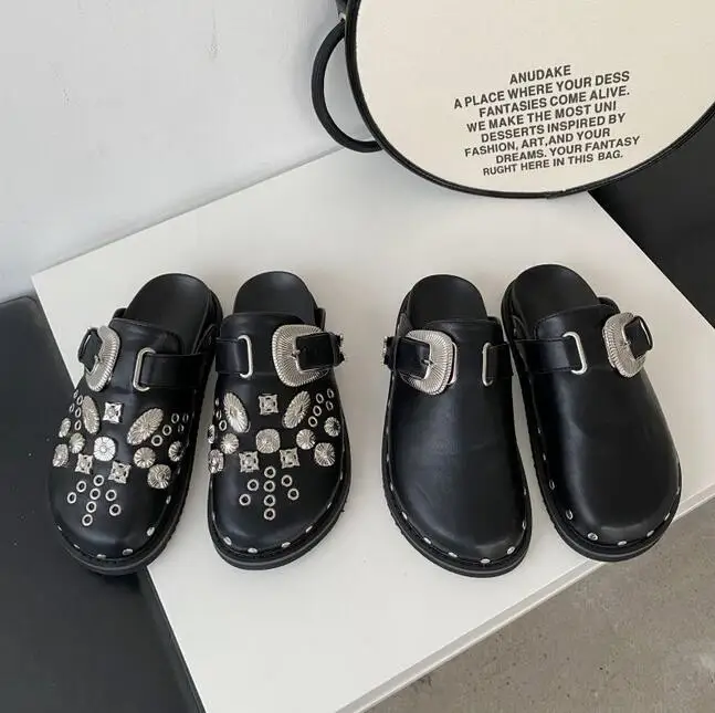 

Summer Women Slippers Platform Rivets Punk Rock Leather Mules Creative Metal Fittings Casual Party Shoes Female Outdoor Slides