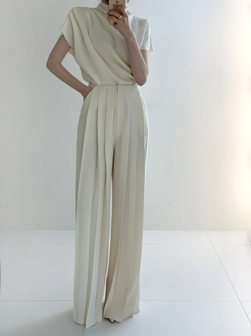 

Women's Set Elegant Sleeveless Small Standing Collar with Diagonal Pleated Design Top Loose High Waist Casual Long Pants