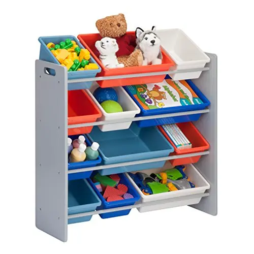 HoneyCanDo Kids Toy Storage Organizer with Bins, Pastel,Wood Finish and Matching Metal Rods,durable and Stain Resistant