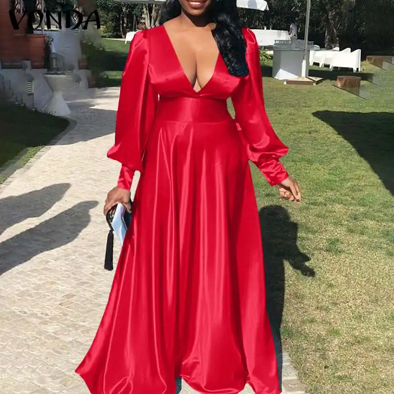 

VONDA 2022 Women Maxi Dress Ladies Autumn Puff Sleeve Baggy Dresses Loose Sexy Deep V Neck Party Robes Longue Female Vestidos