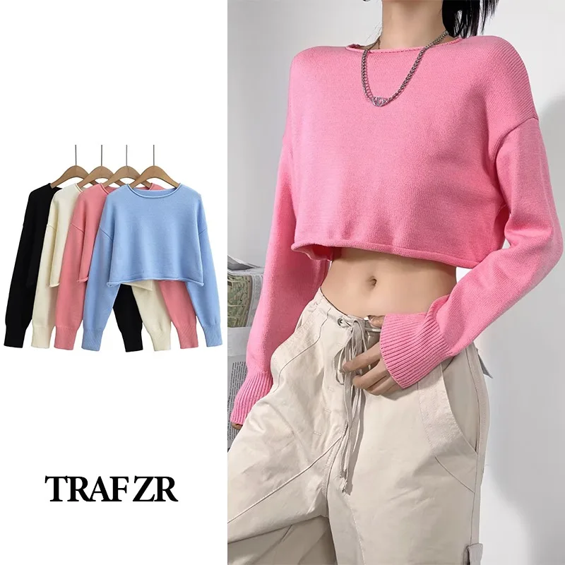 

TRAF ZR Pullovers with Round Neck Knit Women's Long Sleeve Vintage Winter Sweater Crop Tops Autumn Knitwears Female Clothing