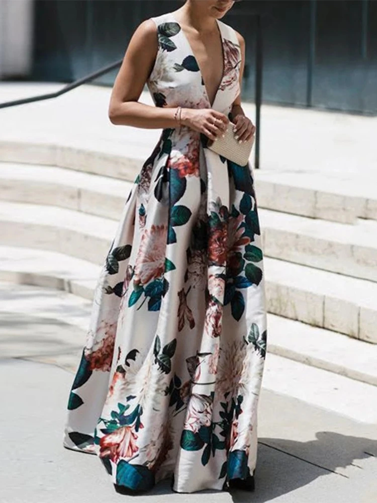 

Elegant Fashionable Summer Autumn Long Dress Vintage Floral Sleeveless Festive Basic Deep V Neck Party Sexy Dress Women