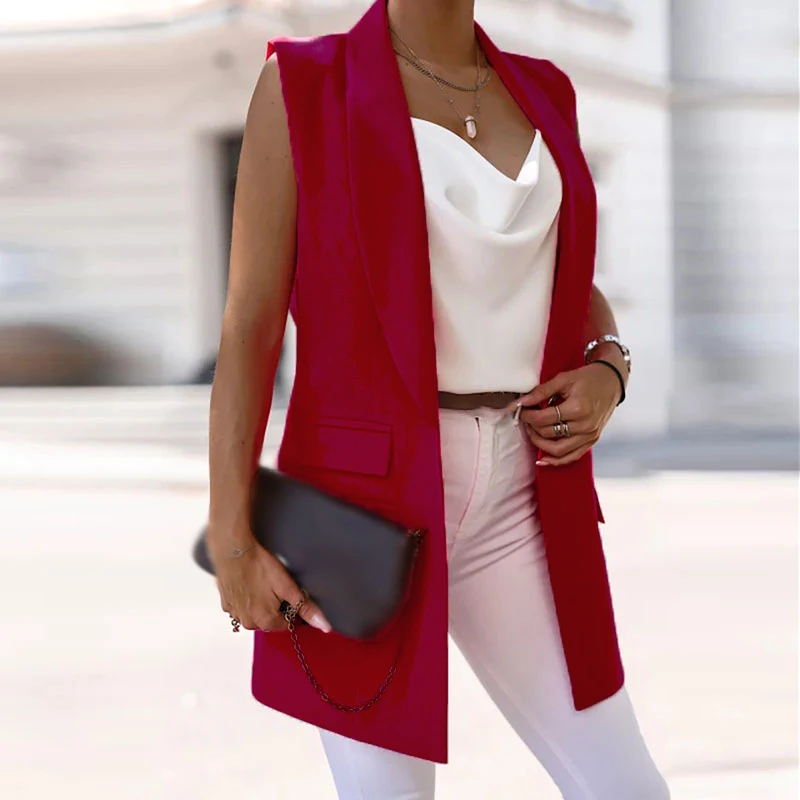 

2022 Summer Fashion Turn-down Collar Jacket Women Casual Single Button Long Tops Office Lady Autumn Sexy Sleeveless Coat Outwear