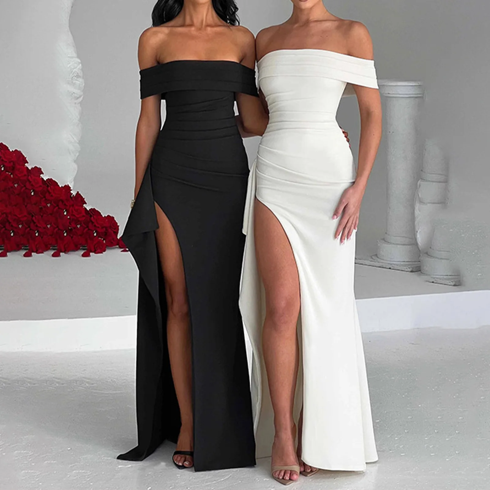 

Длинное платье с открытыми плечами, однотонное элегантное вечернее платье во французском стиле, уличная одежда Y2k, длинное облегающее платье с Боковым Разрезом