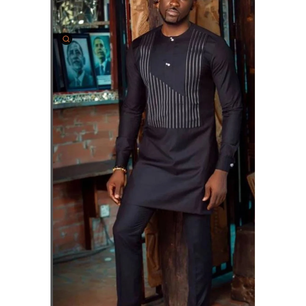 Dashiki Men's Set Printed Stripe Long Sleeve Top Trousers Pants Kaftan African Ethnic Casual 2pcs Suits Fashion Male Clothing