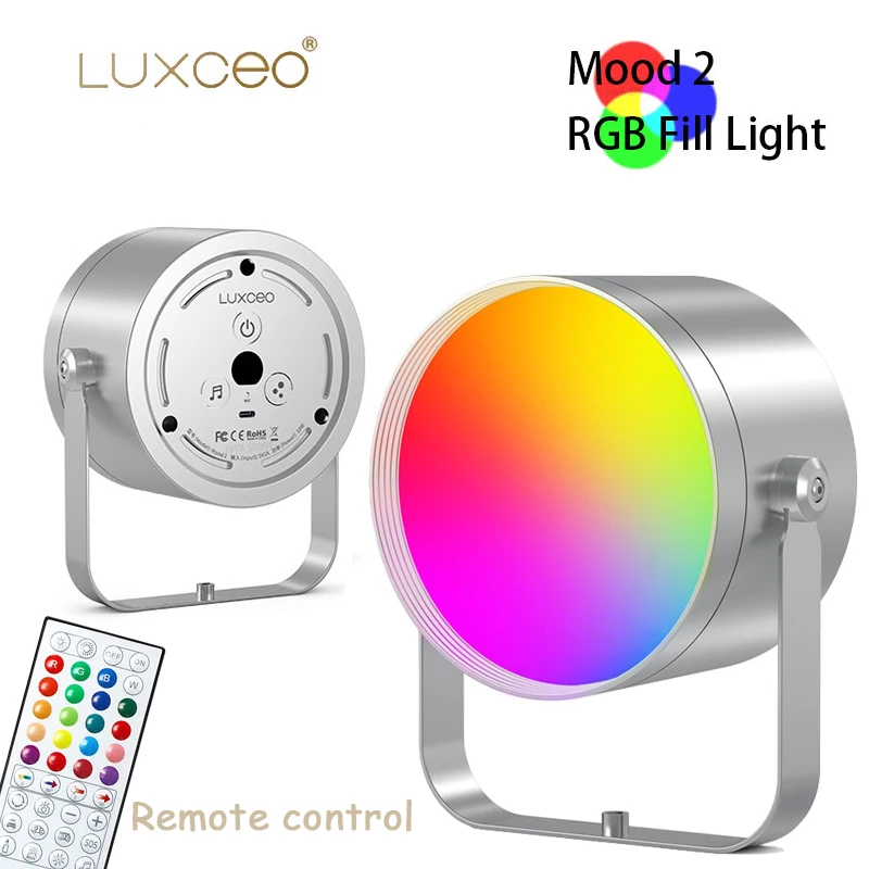 

Luxceo Mood 2 RGB заполнясветильник для фотосъемки, красочная атмосферная лампа, светильник, вращающийся на 360 °, пульт дистанционного управления, ...