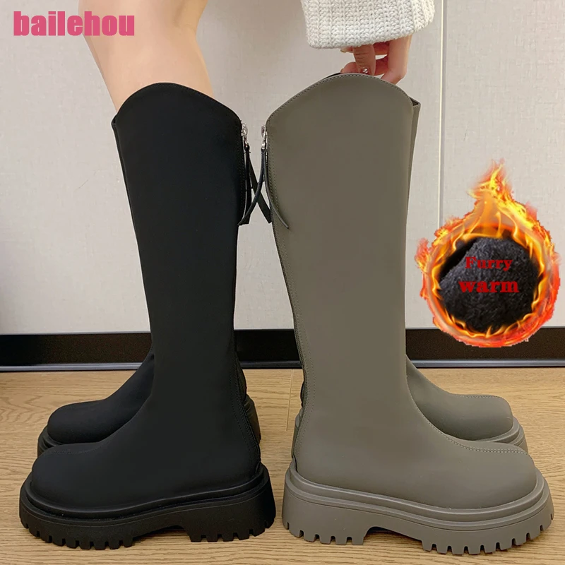 

Женские сапоги Челси до колена, на платформе, с круглым носком