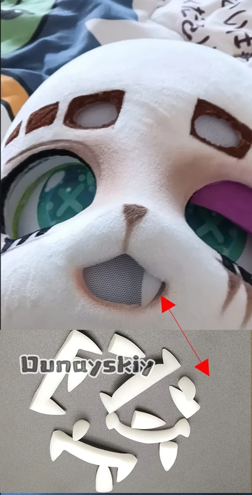 Фото Пушистый меховой костюм Kemono с 3D принтом, искусственные зубы, костюмы для косплея, аксессуары, 2 шт./4 шт., 3D-печать, клыки-оборотня, меховой костюм, реквизит для самостоятельного изготовления №1