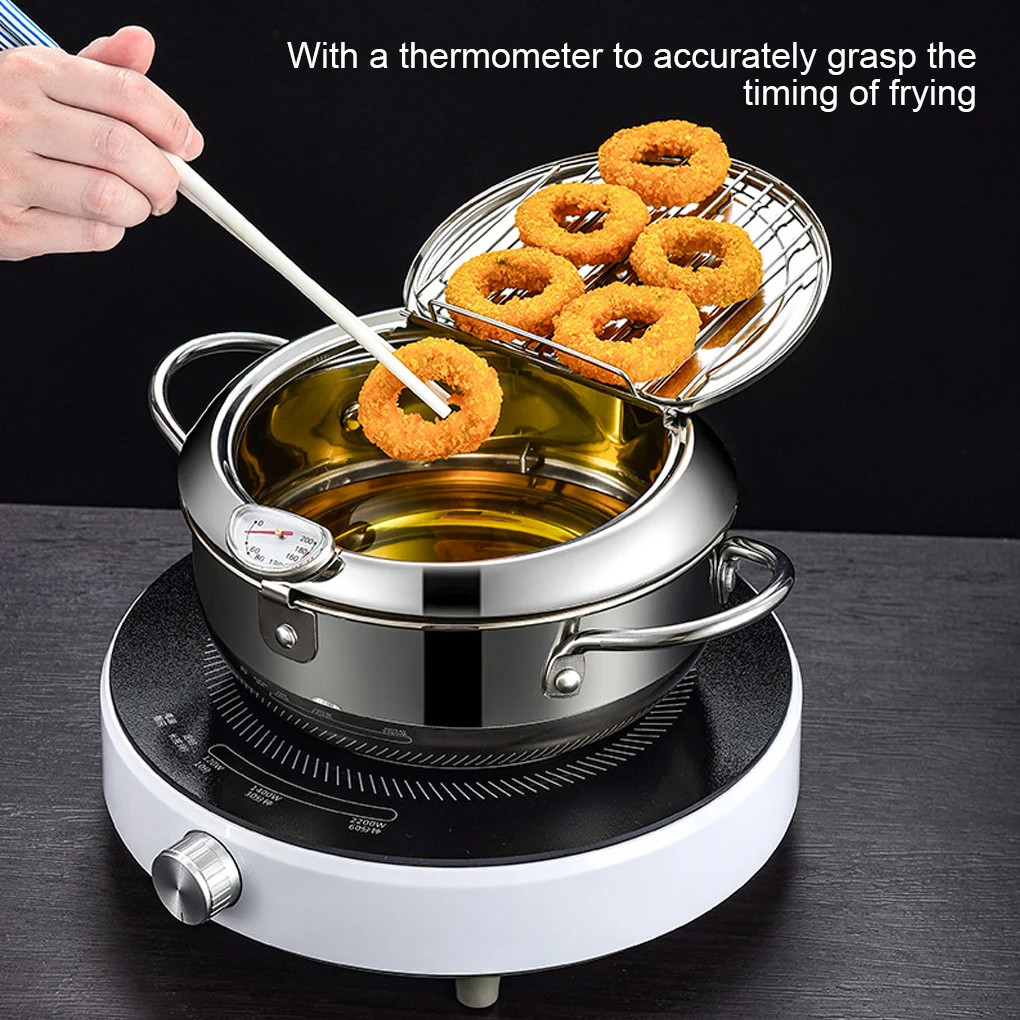 

Japanese Style Deep Frying Pot Thermometer Tempura Fryer Pan Temperature Control Fried Chicken Pot Cooking Tools Kitchen Utensil