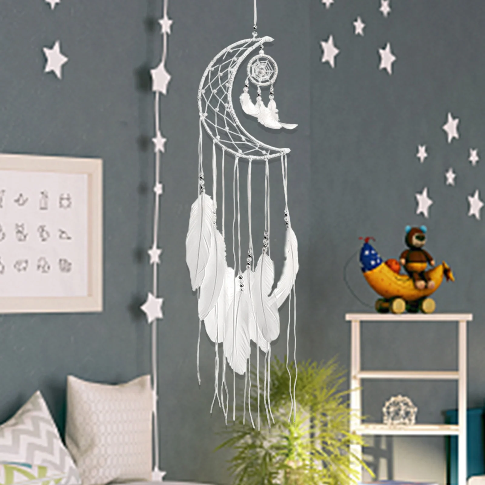 

New Indian Style Dreamcatcher Moon Handmade Wind Chimes Wall Ornament Girls Room Decoration Feather Dream Catcher