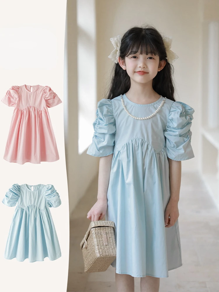

2023 Summer New Girls' Princess Ruffled Bubble Sleeve Dress Children's Fashion Round Neck Short Sleeve Pearl Sweet Dress 7-12y