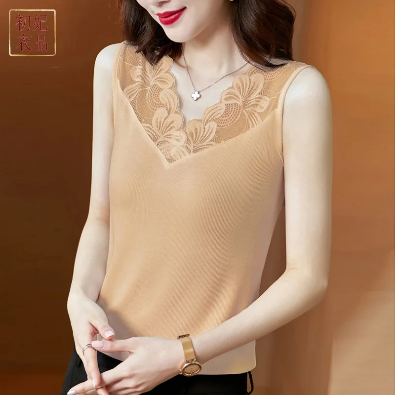 

#1231 Black White Grey Khaki Short Tank Top For Women Lace V-neck Skinny Sleeveless T-shirt Female Hollow Out Office Tank Tops