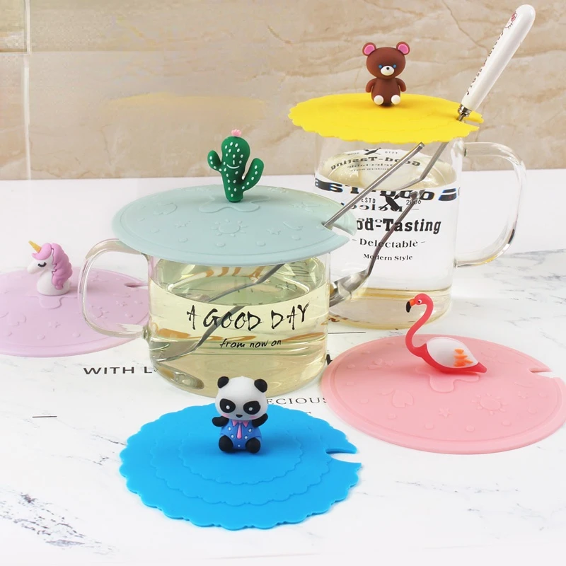 

Round Universal Cup Cover Lovely Cartoon Fruit Strawberry Flamingo Panda Bear Shape Soft Food Grade Silicone Mug Lid