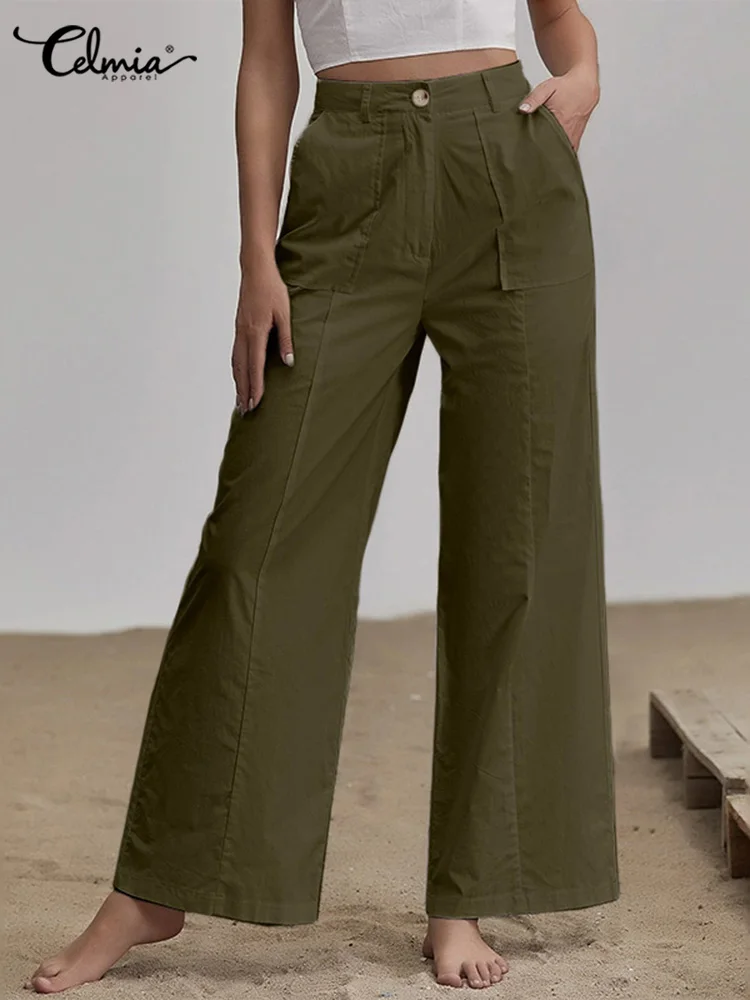 

Celmia Casual Women Thin Pants Pockets Solid Color Baggy Oversized Straight Pant Summer High Waist Fashion Elegant Pantalon