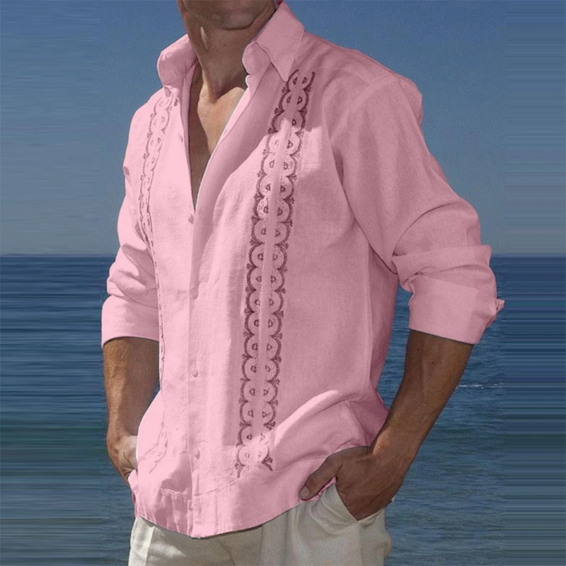 

2023 Spring Summer Casual Mens Shirts Cotton Linen Loose Long Sleeve Beach Shirt Vintage Patchwork Pattern Print Shirts For Men