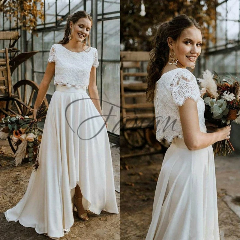 

Пляжное Свадебное платье из двух частей в богемном стиле длиной до щиколотки с круглым вырезом Свадебное платье кружевной шифоновый топ Св...