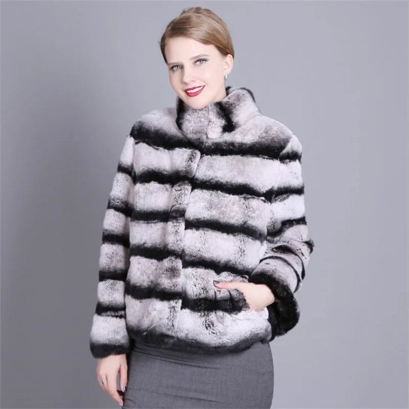 XS-6XL Winter Thick Chinchilla Color Real Fur Coat For Women Genuine Rex Rabbit Fur Coat Overcoat Jacket