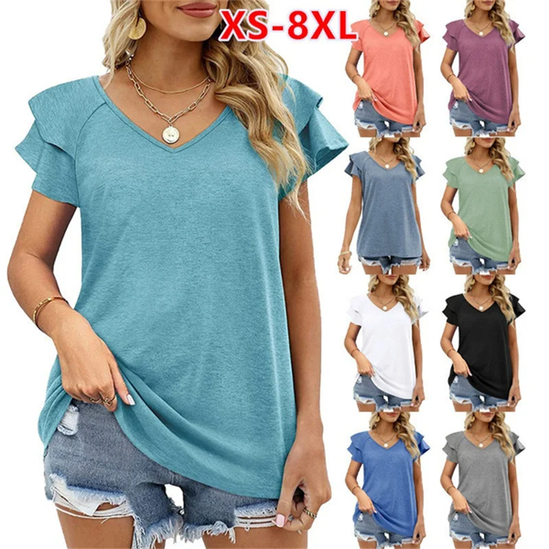 

2022 Fashion New Women T-Shirt Elegant Solid Color Ladies Tee Casual V-Neck Short Sleeve Female Tops XS-8XL