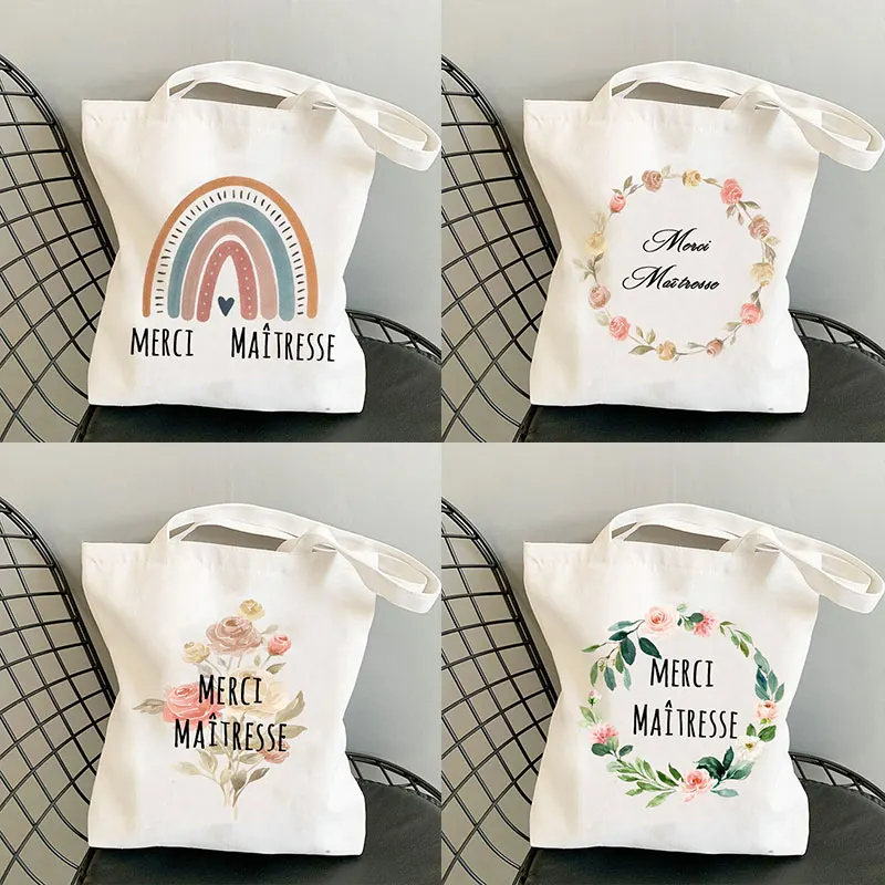 

Merci Teacher French Print Pattern Teacher's Gift Women Canvas Shopping Bag Harajuku Women's Shoulder Bags Shopping Girl Handbag