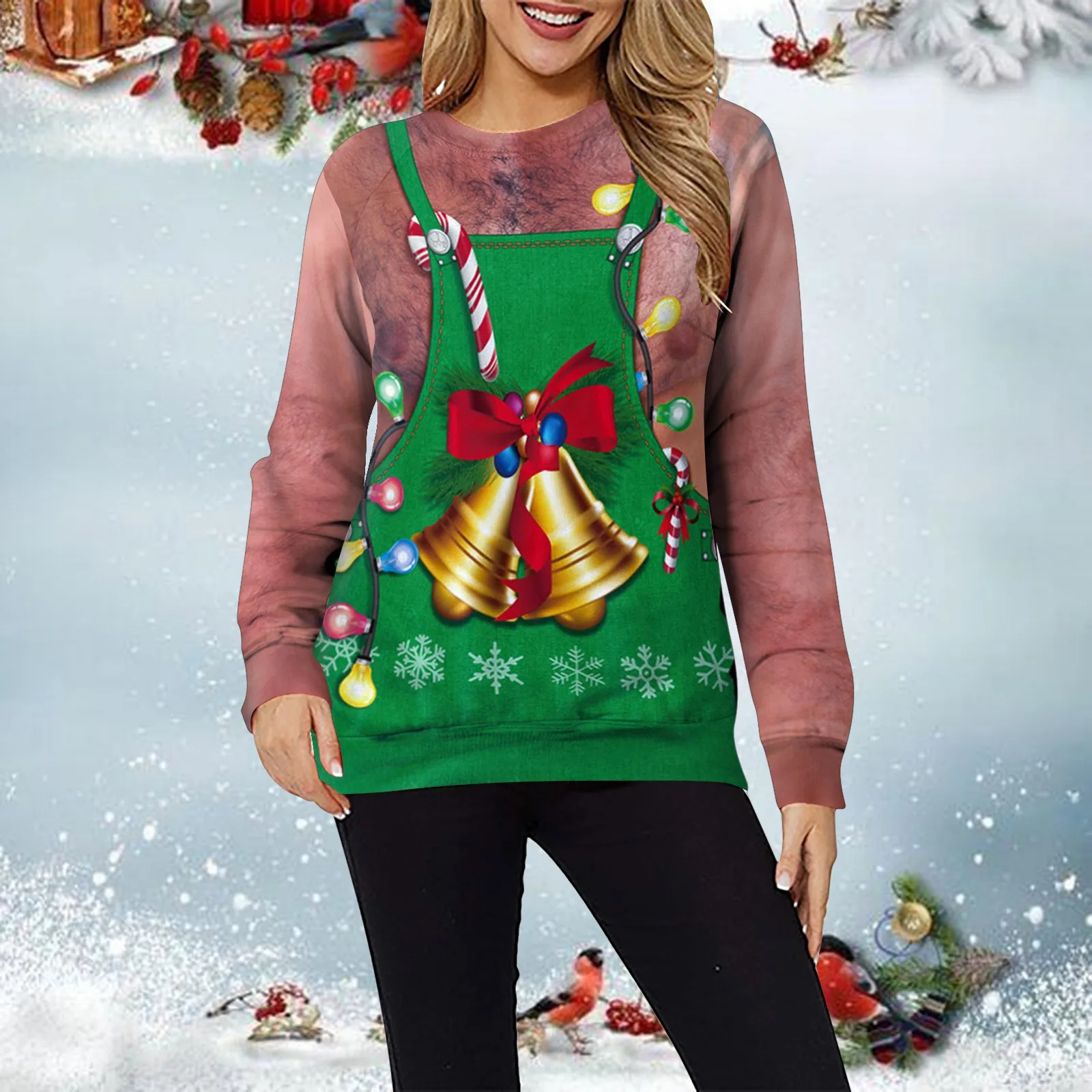 

Рождественская Толстовка с рисунком для женщин, комбинезоны, толстовка с 3D принтом, Свободный пуловер с длинным рукавом, топ с круглым вырезом, праздничная забавная одежда