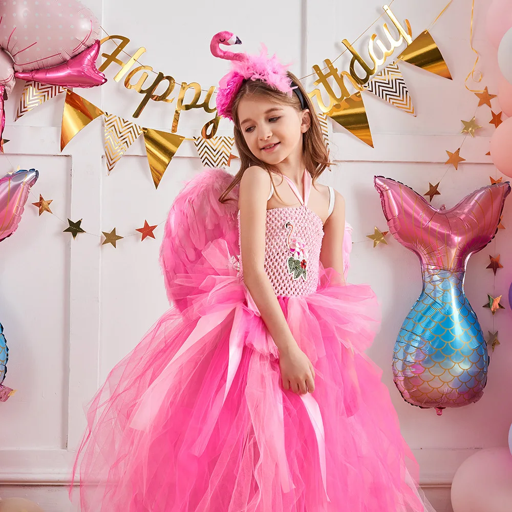

Flamingo Tutu Dress with Headband Wing Girls Long Bird Feather Fancy Costume Kids Birthday Party Princess Gown Dresses